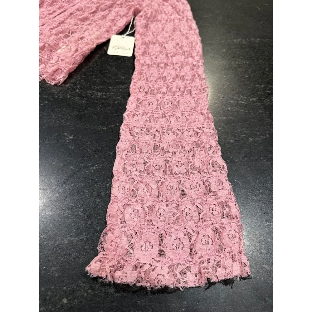 Free People FP One Madison Lace Top Pink Sheer Smocked Bell Sleeve XS NWT